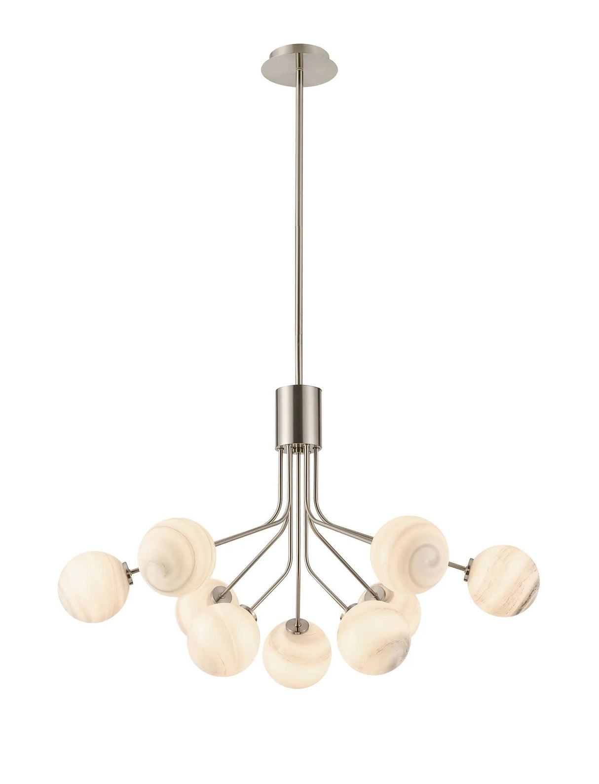 Rix Fixed Pendant, 6 + 3 Light G9, Satin Nickel/Grey Round Marble Effect Glass Shade