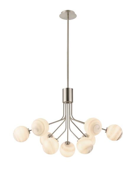 Rix Fixed Pendant, 6 + 3 Light G9, Satin Nickel/Grey Round Marble Effect Glass Shade