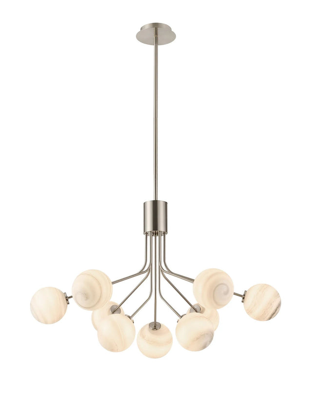 Rix Fixed Pendant, 6 + 3 Light G9, Satin Nickel/Grey Round Marble Effect Glass Shade