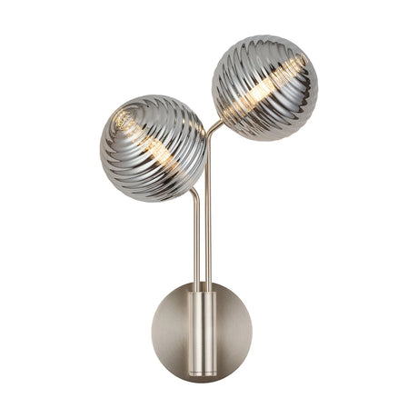 Rix Wall Light, 2 Light G9, Satin Nickel/Smoke Ribbed Round Glass Shade