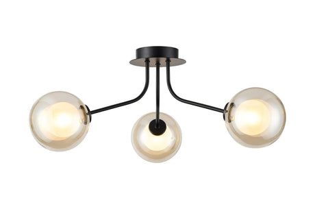Rix Semi Flush Light, 3 Light G9, Satin Black/Cognac Round With Inner Glass Shade