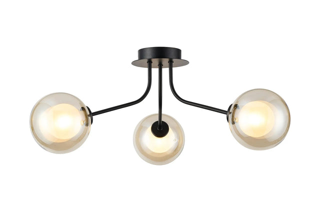 Rix Semi Flush Light, 3 Light G9, Satin Black/Cognac Round With Inner Glass Shade