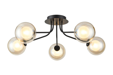 Rix Semi Flush Light, 5 Light G9, Satin Black/Cognac Round With Inner Glass Shade