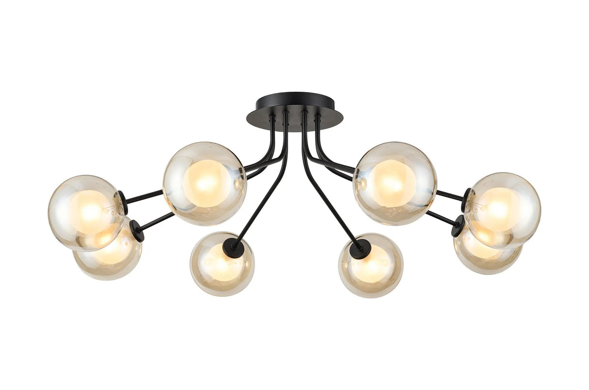Rix Semi Flush Light, 8 Light G9, Satin Black/Cognac Round With Inner Glass Shade