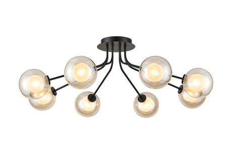 Rix Semi Flush Light, 8 Light G9, Satin Black/Cognac Round With Inner Glass Shade