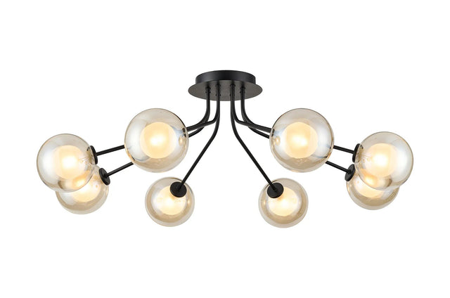 Rix Semi Flush Light, 8 Light G9, Satin Black/Cognac Round With Inner Glass Shade