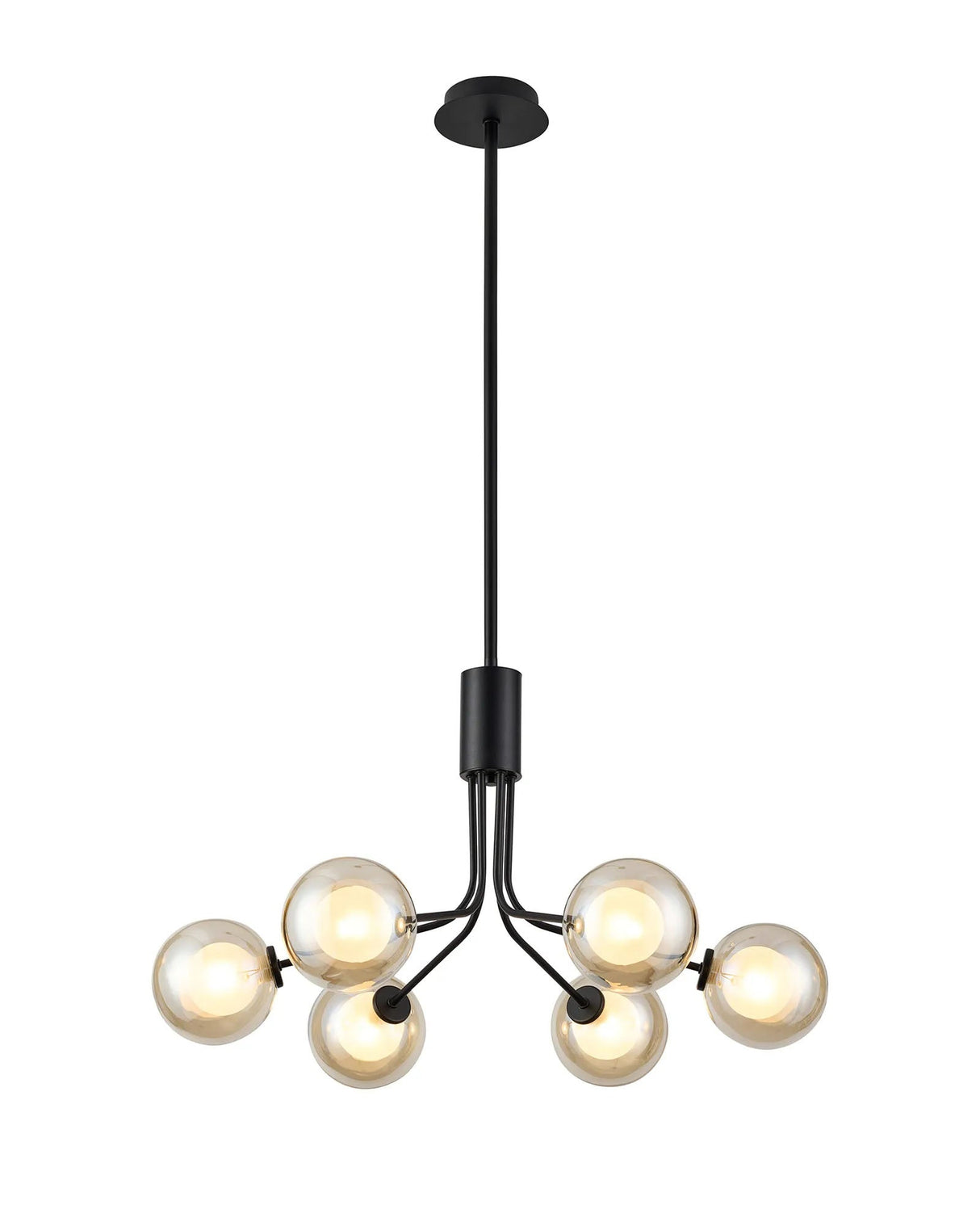 Rix Fixed Pendant, 6 Light G9, Satin Black/Cognac Round With Inner Glass Shade