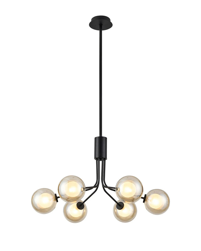 Rix Fixed Pendant, 6 Light G9, Satin Black/Cognac Round With Inner Glass Shade