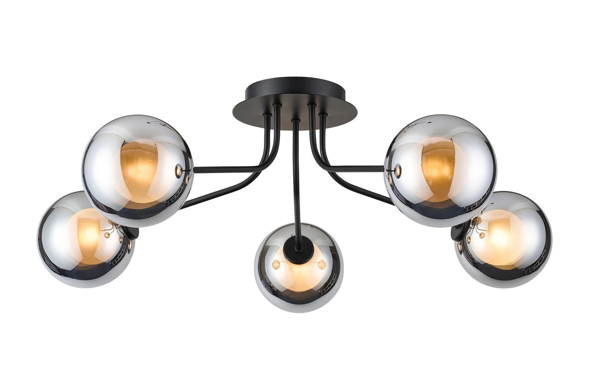 Rix Semi Flush Light, 5 Light G9, Satin Black/Chrome Round With Inner Glass Shade