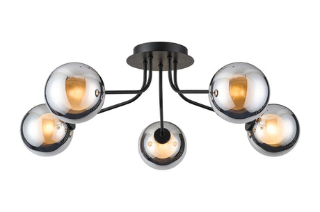 Rix Semi Flush Light, 5 Light G9, Satin Black/Chrome Round With Inner Glass Shade