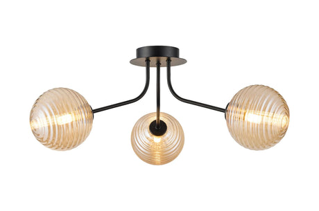 Rix Semi Flush Light, 3 Light G9, Satin Black/Amber Ribbed Round Glass Shade