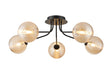 Rix Semi Flush Light, 5 Light G9, Satin Black/Amber Ribbed Round Glass Shade