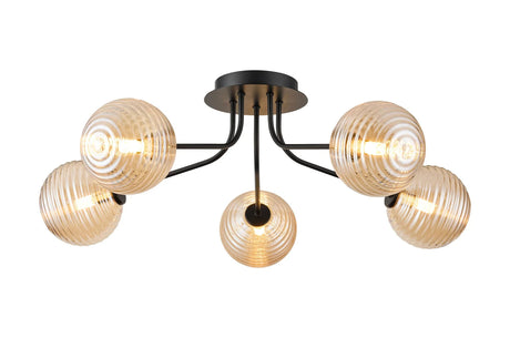 Rix Semi Flush Light, 5 Light G9, Satin Black/Amber Ribbed Round Glass Shade