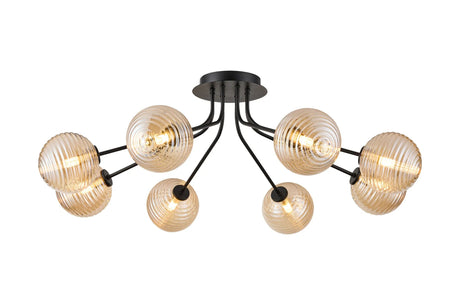 Rix Semi Flush Light, 8 Light G9, Satin Black/Amber Ribbed Round Glass Shade