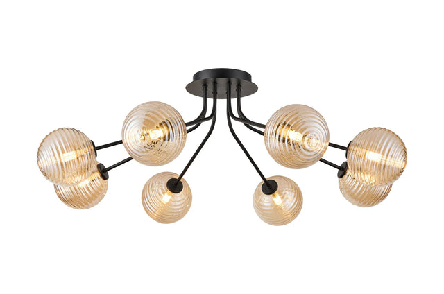 Rix Semi Flush Light, 8 Light G9, Satin Black/Amber Ribbed Round Glass Shade