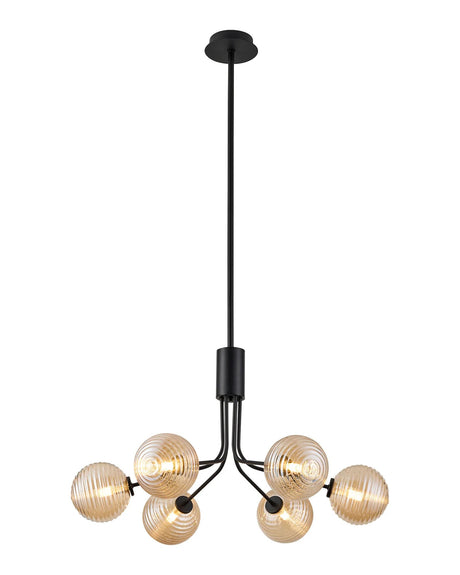 Rix Fixed Pendant, 6 Light G9, Satin Black/Amber Ribbed Round Glass Shade