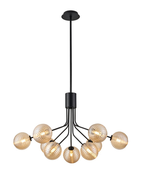 Rix Fixed Pendant, 6 + 3 Light G9, Satin Black/Amber Ribbed Round Glass Shade