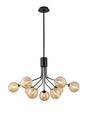Rix Fixed Pendant, 6 + 3 Light G9, Satin Black/Amber Ribbed Round Glass Shade