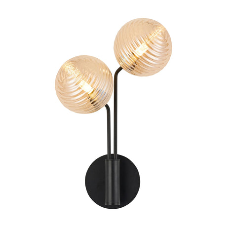 Rix Wall Light, 2 Light G9, Satin Black/Amber Ribbed Round Glass Shade