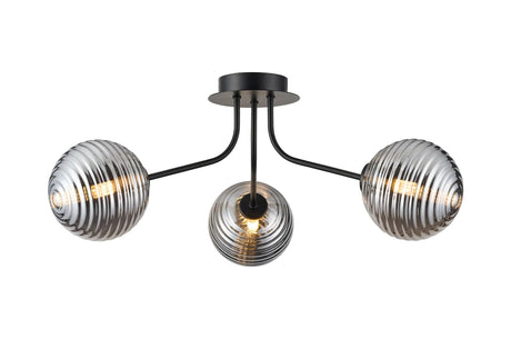 Rix Semi Flush Light, 3 Light G9, Satin Black/Smoke Ribbed Round Glass Shade