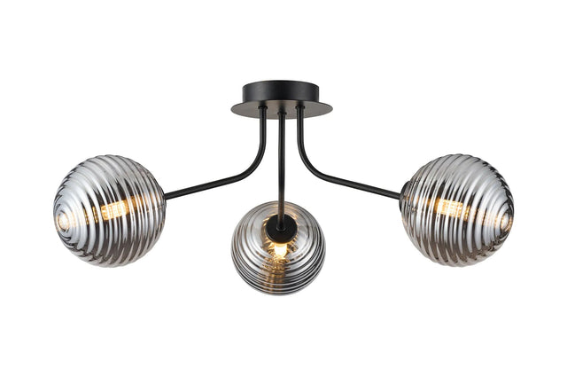 Rix Semi Flush Light, 3 Light G9, Satin Black/Smoke Ribbed Round Glass Shade