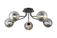 Rix Semi Flush Light, 5 Light G9, Satin Black/Smoke Ribbed Round Glass Shade