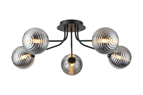 Rix Semi Flush Light, 5 Light G9, Satin Black/Smoke Ribbed Round Glass Shade