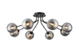 Rix Semi Flush Light, 8 Light G9, Satin Black/Smoke Ribbed Round Glass Shade