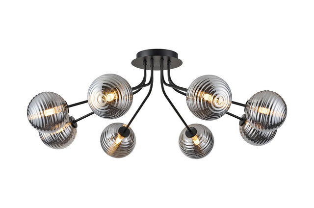 Rix Semi Flush Light, 8 Light G9, Satin Black/Smoke Ribbed Round Glass Shade