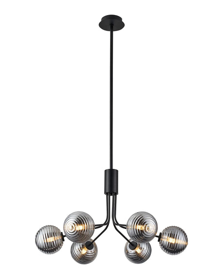 Rix Fixed Pendant, 6 Light G9, Satin Black/Smoke Ribbed Round Glass Shade