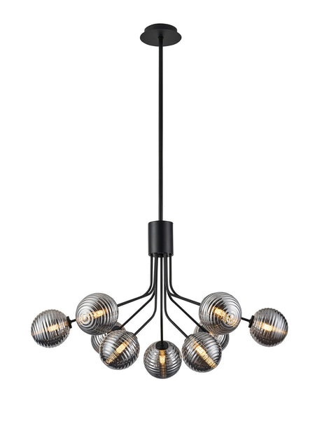 Rix Fixed Pendant, 6 + 3 Light G9, Satin Black/Smoke Ribbed Round Glass Shade