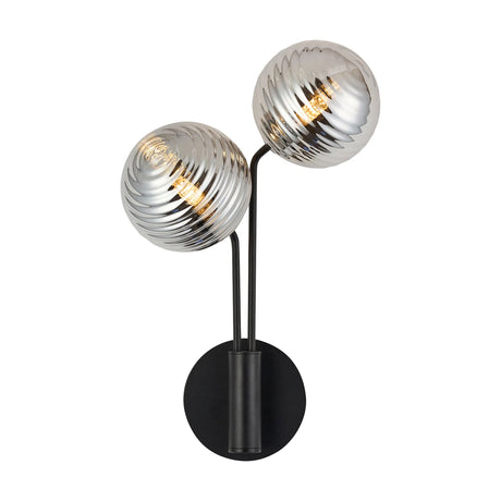 Rix Wall Light, 2 Light G9, Satin Black/Smoke Ribbed Round Glass Shade