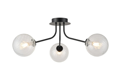 Rix Semi Flush Light, 3 Light G9, Satin Black/Clear Swirl Round Glass Shade