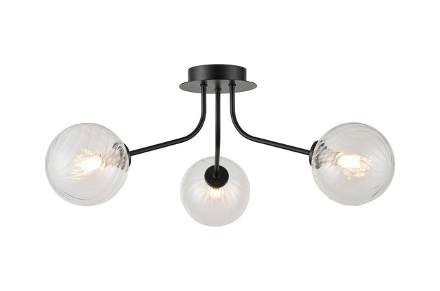 Rix Semi Flush Light, 3 Light G9, Satin Black/Clear Swirl Round Glass Shade