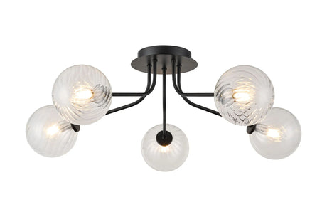 Rix Semi Flush Light, 5 Light G9, Satin Black/Clear Swirl Round Glass Shade