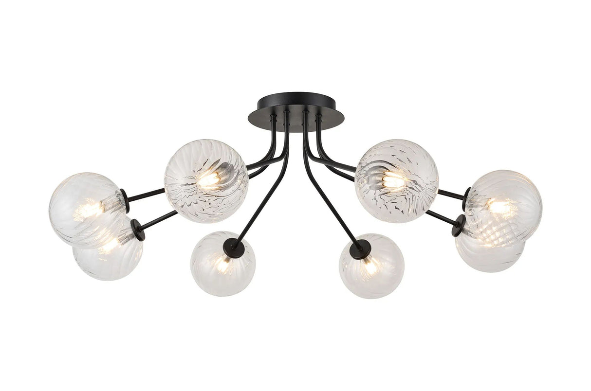 Rix Semi Flush Light, 8 Light G9, Satin Black/Clear Swirl Round Glass Shade