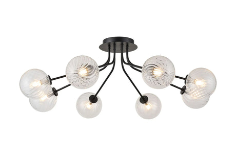 Rix Semi Flush Light, 8 Light G9, Satin Black/Clear Swirl Round Glass Shade