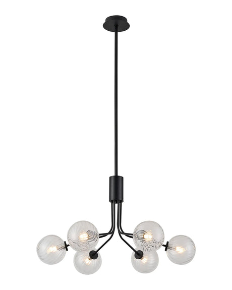 Rix Fixed Pendant, 6 Light G9, Satin Black/Clear Swirl Round Glass Shade