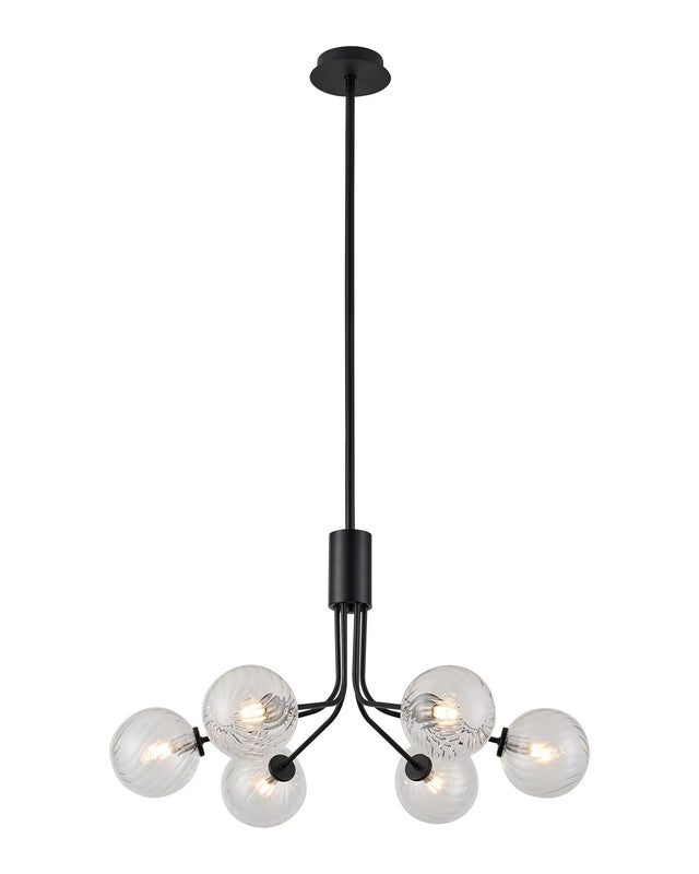 Rix Fixed Pendant, 6 Light G9, Satin Black/Clear Swirl Round Glass Shade