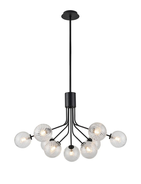 Rix Fixed Pendant, 6 + 3 Light G9, Satin Black/Clear Swirl Round Glass Shade