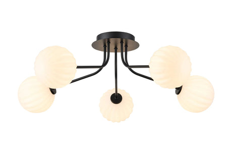 Rix Semi Flush Light, 5 Light G9, Satin Black/Opal Round Segment Glass Shade
