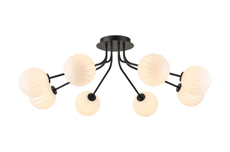 Rix Semi Flush Light, 8 Light G9, Satin Black/Opal Round Segment Glass Shade