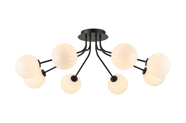 Rix Semi Flush Light, 8 Light G9, Satin Black/Opal Round Segment Glass Shade