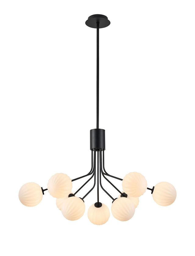 Rix Fixed Pendant, 6 + 3 Light G9, Satin Black/Opal Round Segment Glass Shade