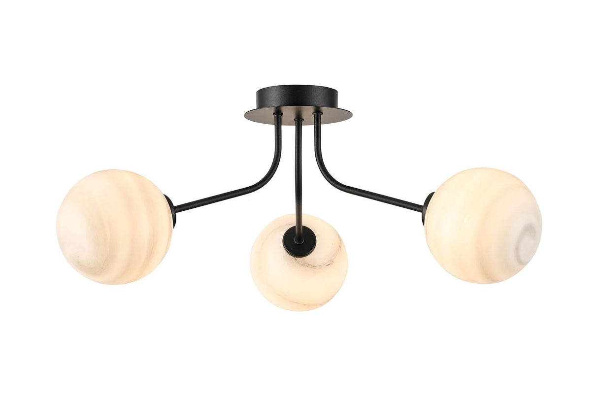 Rix Semi Flush Light, 3 Light G9, Satin Black/Grey Round Marble Effect Glass Shade