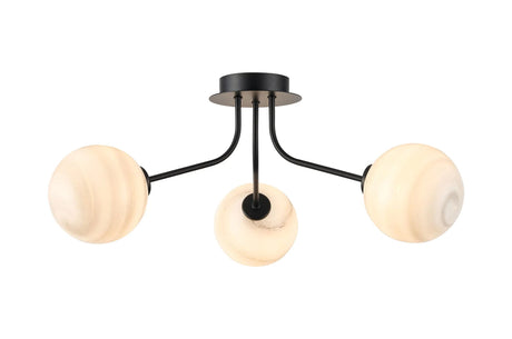Rix Semi Flush Light, 3 Light G9, Satin Black/Grey Round Marble Effect Glass Shade