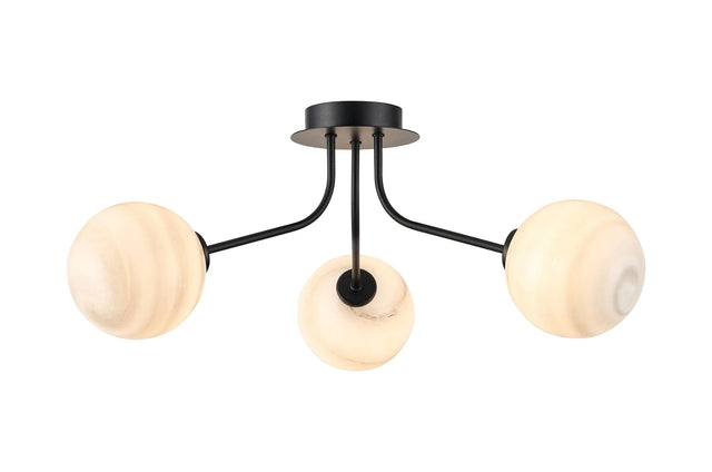Rix Semi Flush Light, 3 Light G9, Satin Black/Grey Round Marble Effect Glass Shade