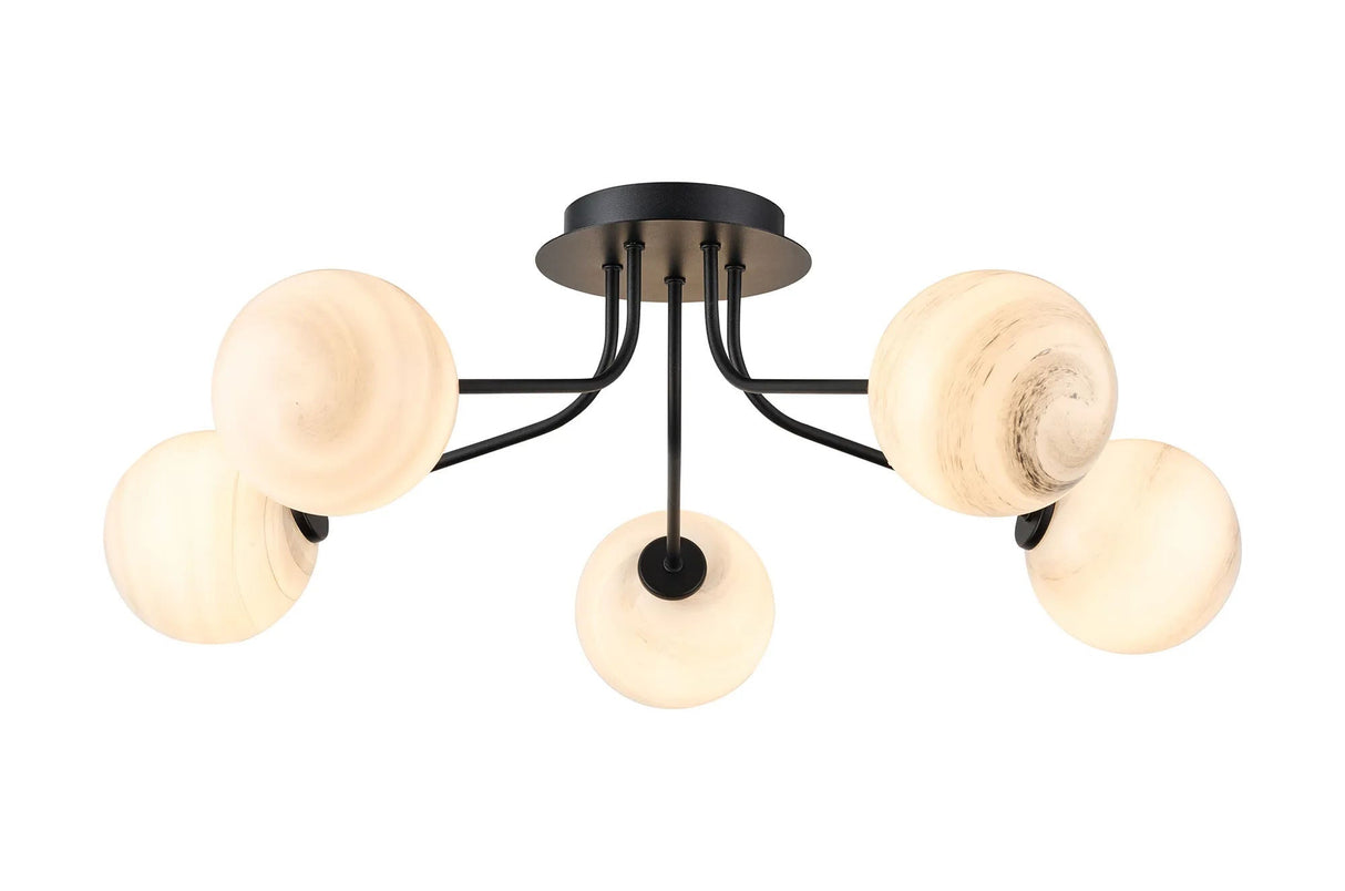 Rix Semi Flush Light, 5 Light G9, Satin Black/Grey Round Marble Effect Glass Shade