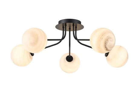 Rix Semi Flush Light, 5 Light G9, Satin Black/Grey Round Marble Effect Glass Shade