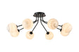 Rix Semi Flush Light, 8 Light G9, Satin Black/Grey Round Marble Effect Glass Shade